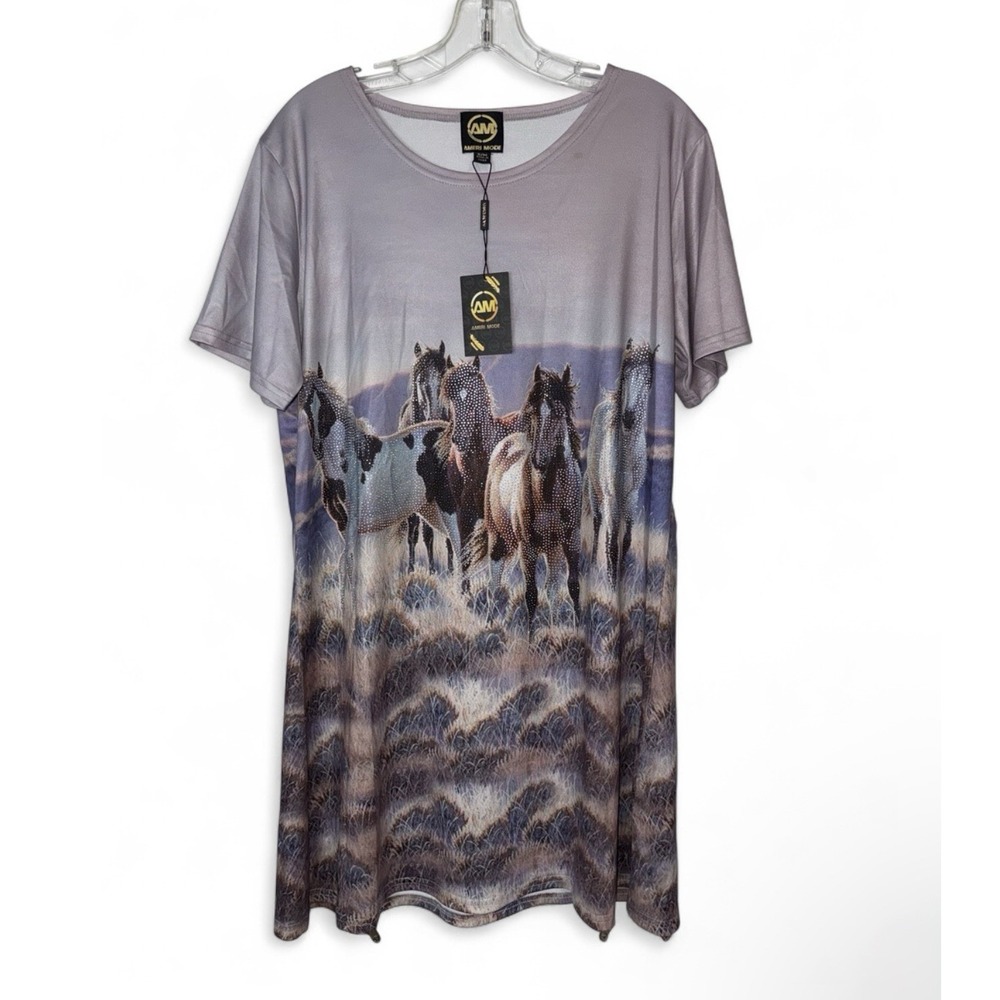 NWT Ameri Mode Five Horses Tunic Top S/M Rhinestone Western Cowgirl T0310 Bling